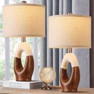 Hamucd Set of 2 Boho Rattan Table Lamps,21" Farmhouse Rustic Lamps for Bedroom Night Stands,Washed White Resin Bedside Lamps with Linen Shades for Living Room Coastal Beach Decor(Bulbs Not Included)